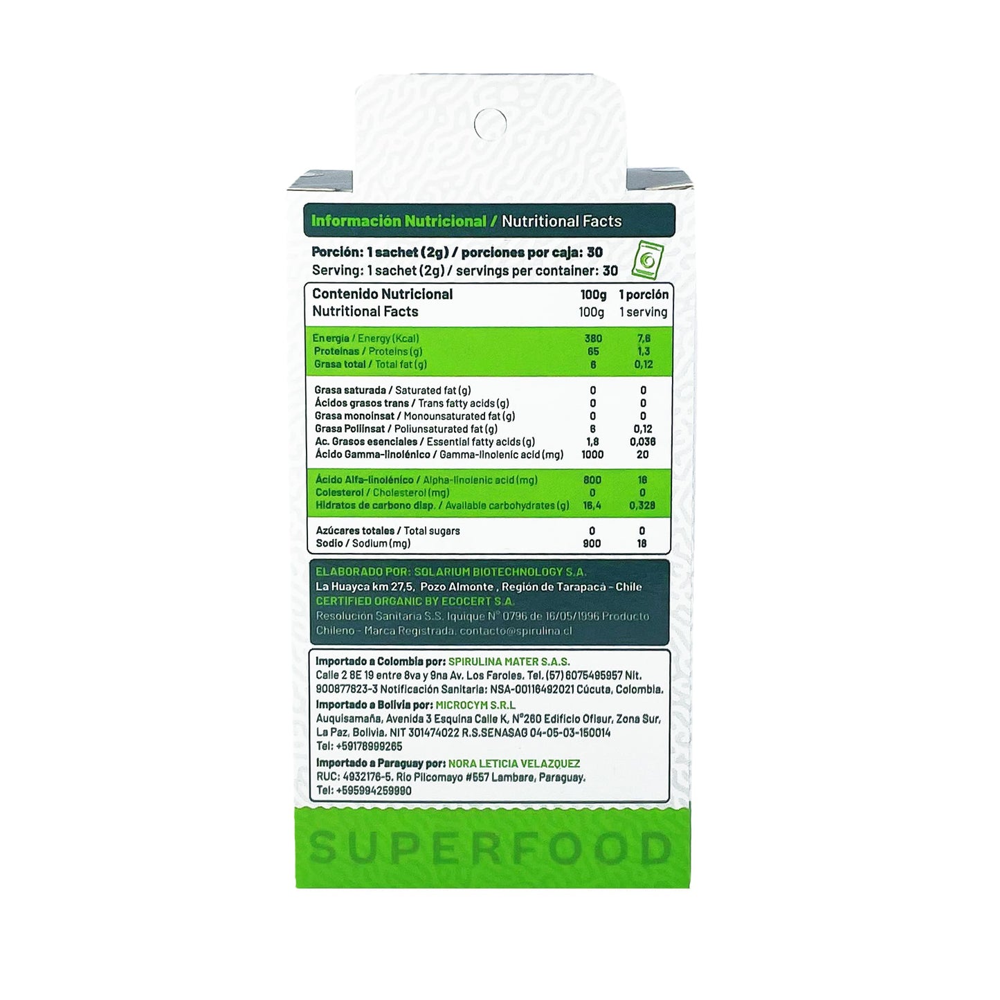Spirulina en Polvo 100% Chilena | Caja 30 Sachets de 2g - Spirulina Mater