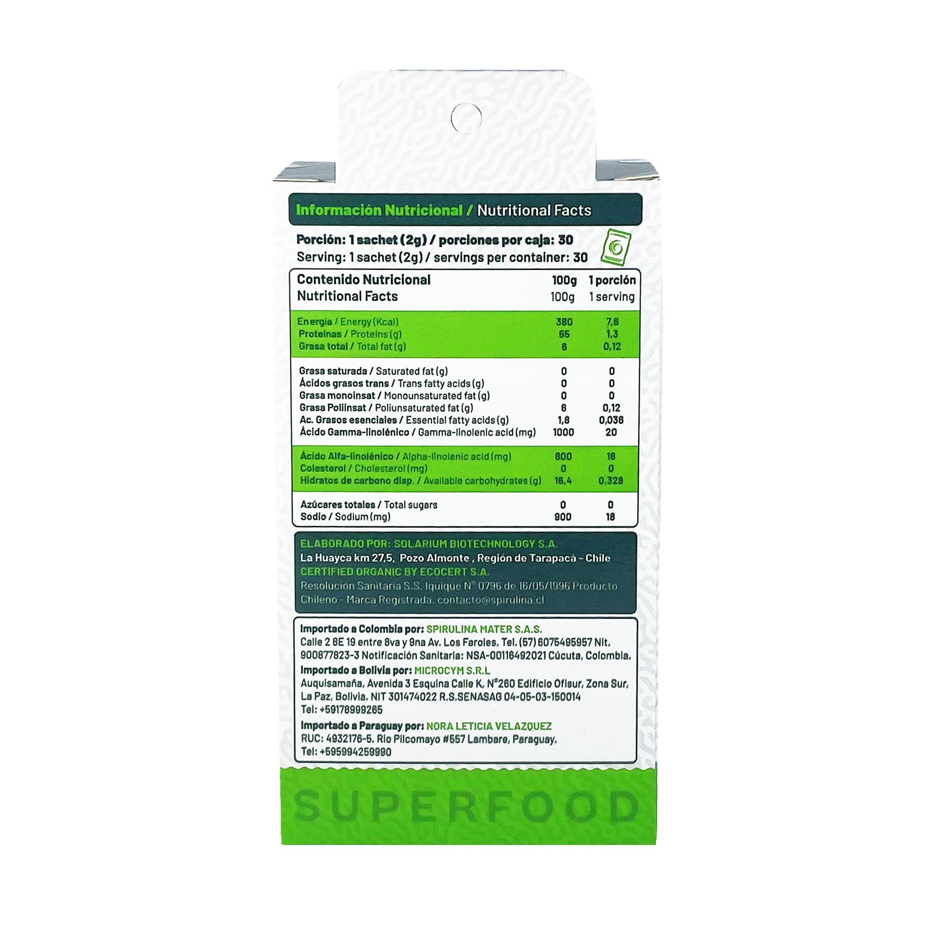 Spirulina en Polvo 100% Chilena | Caja 30 Sachets de 2g - Spirulina Mater