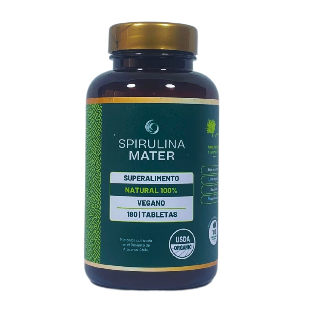 Frasco de Spirulina Mater de 180 tabletas.