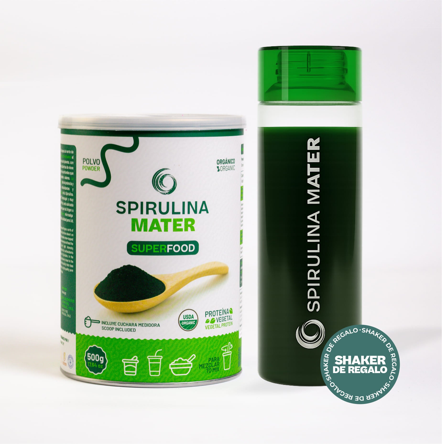 Tarro de Spirulina 500 gramos con un Shaker de 550 ml