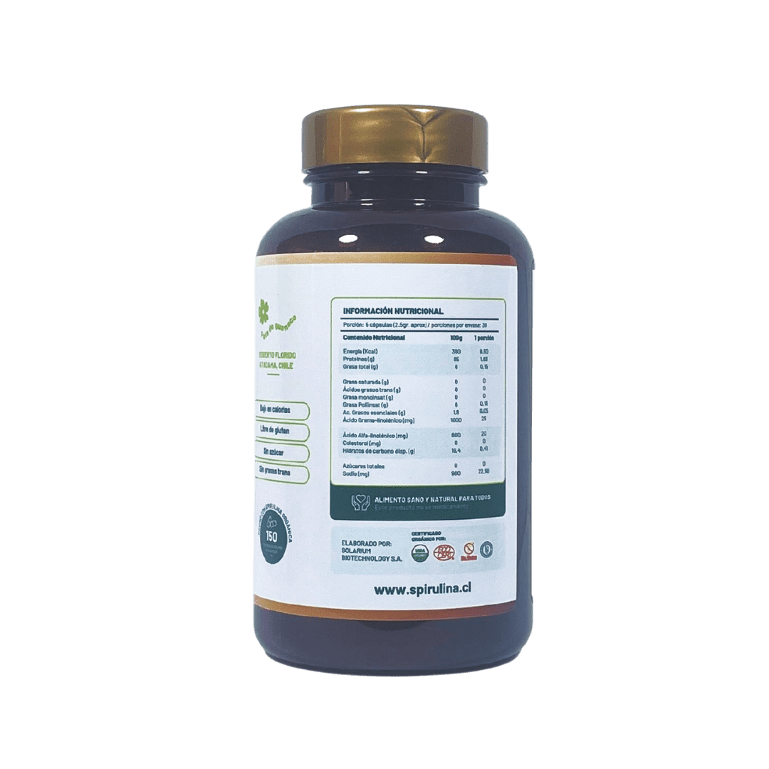 Frasco de Spirulina Natural de 150 Cápsulas.