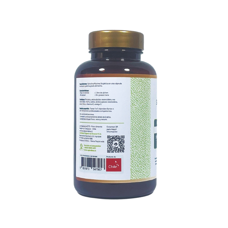 Frasco de Spirulina Natural de 150 Cápsulas.