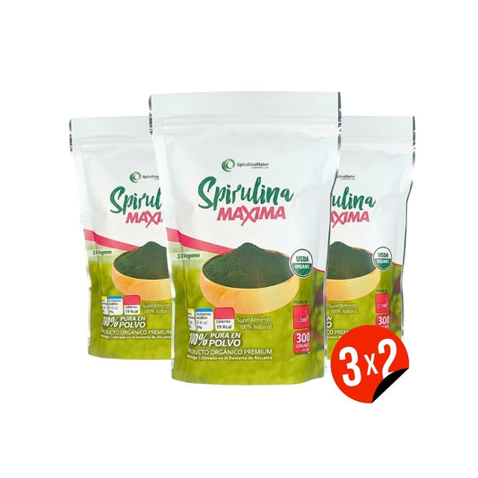 3X2 Spirulina orgánica en polvo de 300 gramos.