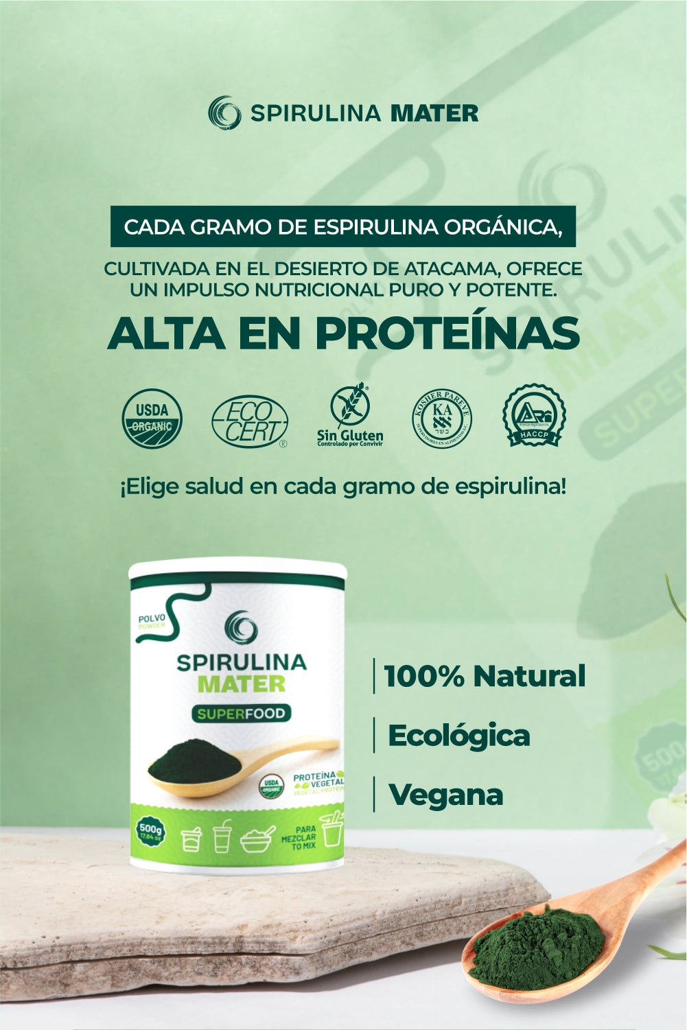 Spirulina orgánica en polvo de 500 gramos