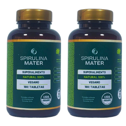 Spirulina Mater bottle of 180 tablets. 