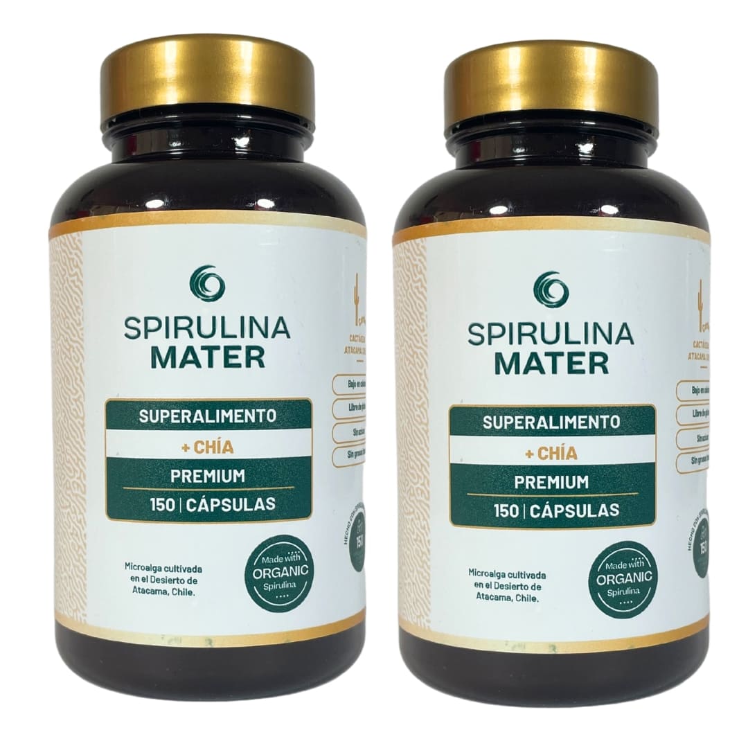 Bottle of Spirulina + Chia 150 Capsules. 